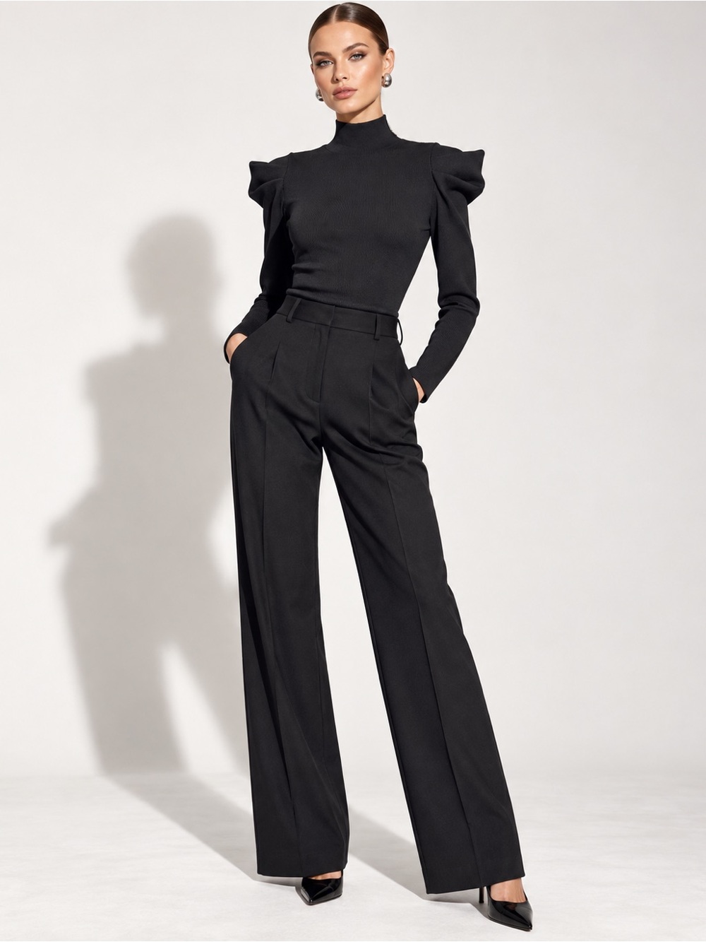 Alice + Olivia Black Mock Neck Sculptural Ruffle Shoulder Long Sleeve Top S NWT